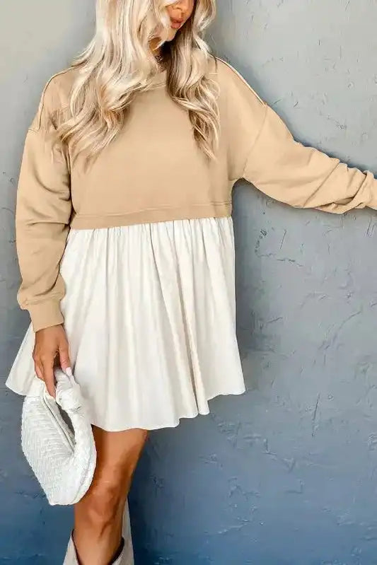 Pale Khaki Sweatshirt Poplin Mini Dress - Fashionfitz