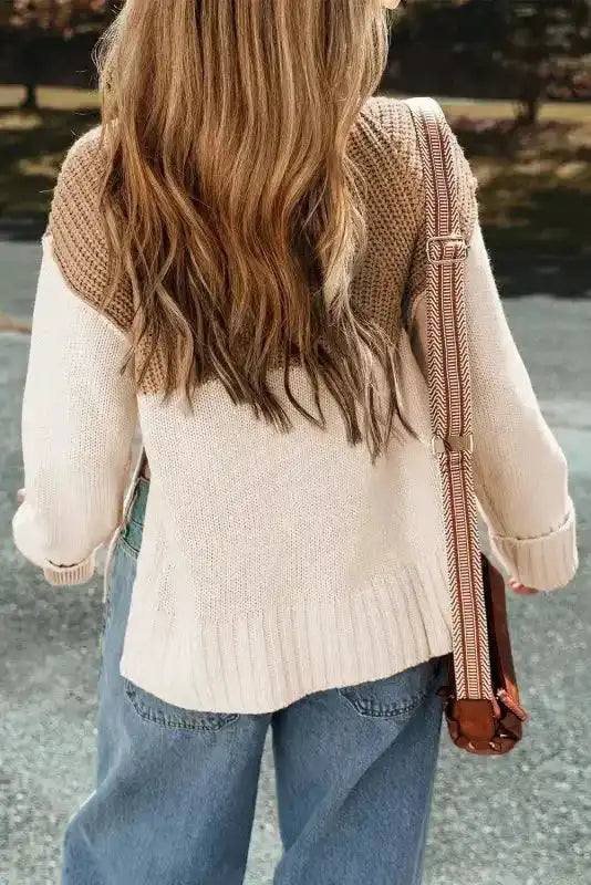 Cable knit colourblock side splits sweater back view — Fashionfitz UK