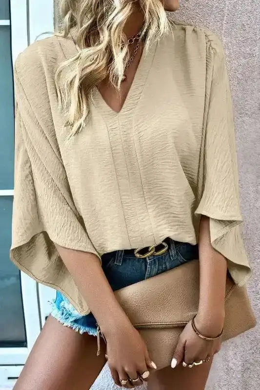 Parchment V-Neck Wide Sleeve Crinkled Blouse - Fashionfitz