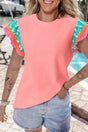 Peach Blossom Floral Sleeve Ricrac Blouse Women UK — front view showing floral-detailed sleeves and contrast ricrac trim — Fashionfitz
