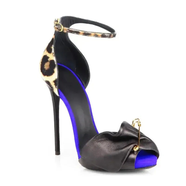 Side view of pin heel sandal showing architectural heel design and open toe Fashionfitz UK