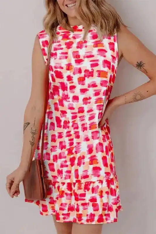 Pink Abstract Sleeveless Mini Dress - Fashionfitz