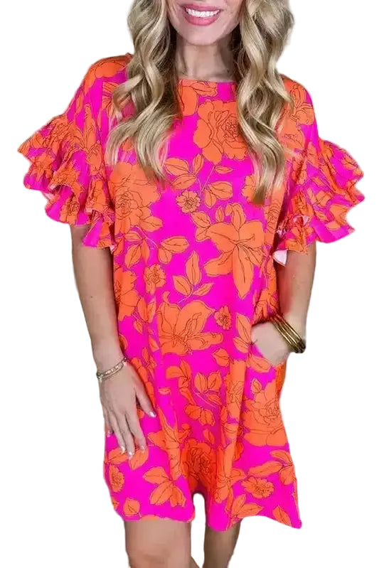 Pink Big Ruffled Sleeve Floral Dress - Fashionfitz