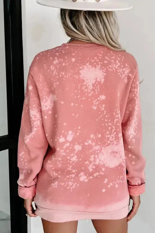 Pink Bleached Round Neck Pullover Sweatshirt - Fashionfitz