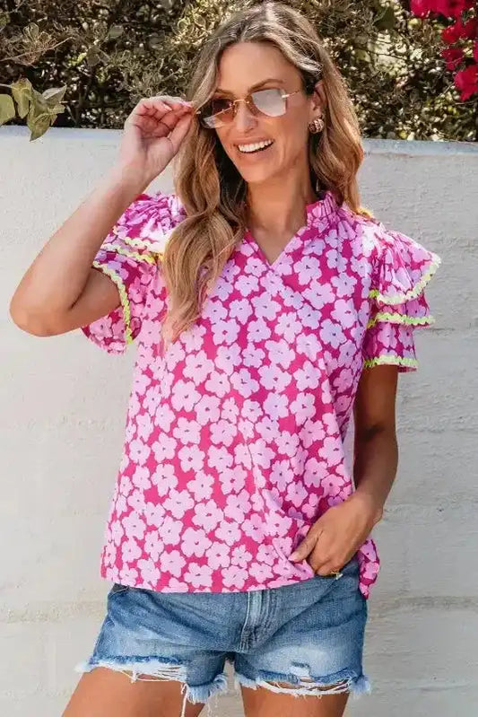 Pink Chic Blouse - Floral Layered Ruffle Sleeve - Fashionfitz