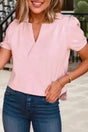 Ladies pink polo V-neck top with puff sleeves styled casually with jeans. Soft cotton blend ideal for summer wear from FashionFitz.