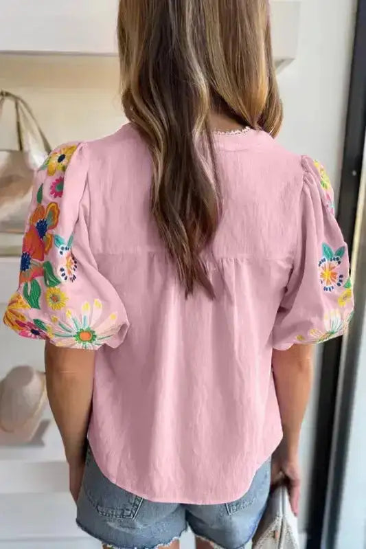 Pink Floral Embroidered Puff Sleeve Blouse - Fashionfitz