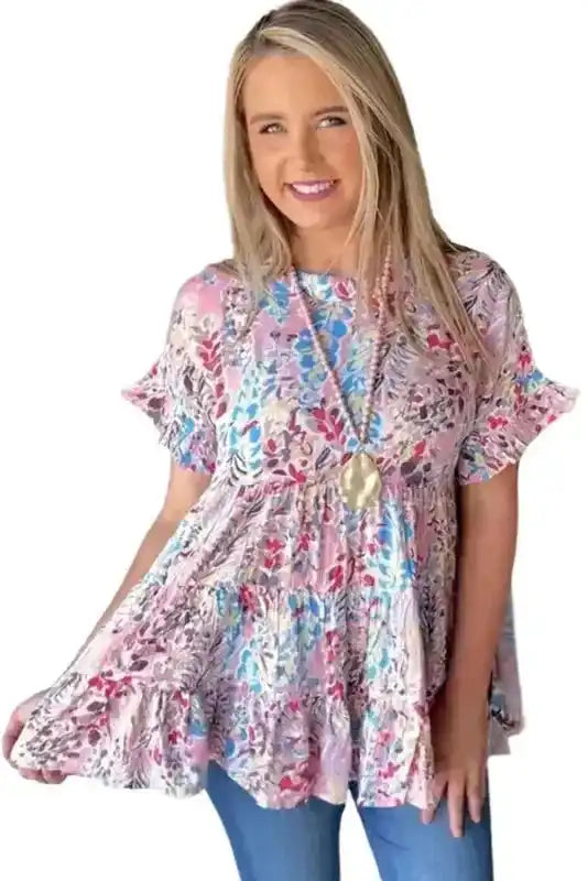 Pink Floral Print Ruffle Sleeve Babydoll Top - Fashionfitz