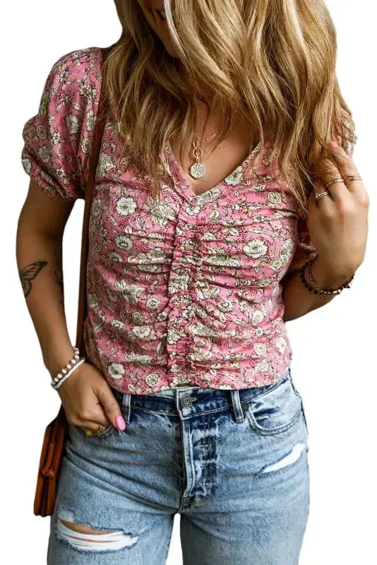 Pink Floral Short Puff Sleeve V Neck Ruched Blouse - Fashionfitz