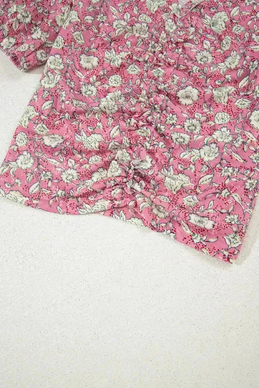 Pink Floral Short Puff Sleeve V Neck Ruched Blouse - Fashionfitz