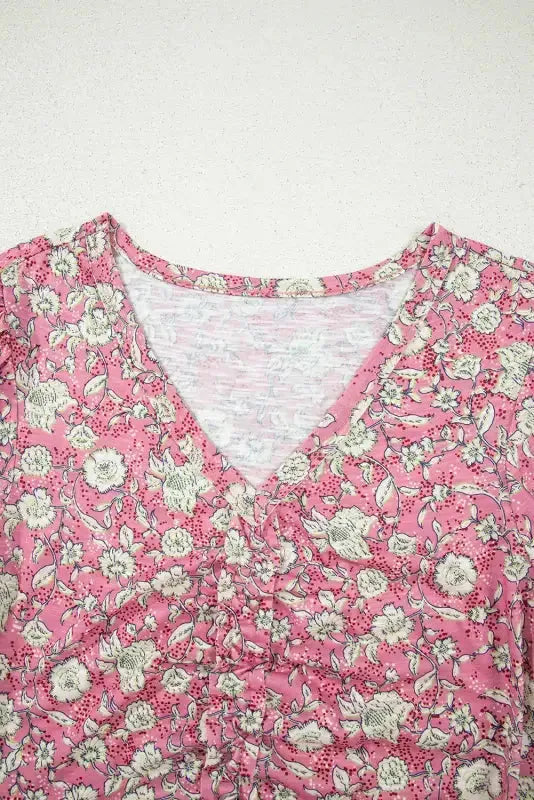 Pink Floral Short Puff Sleeve V Neck Ruched Blouse - Fashionfitz