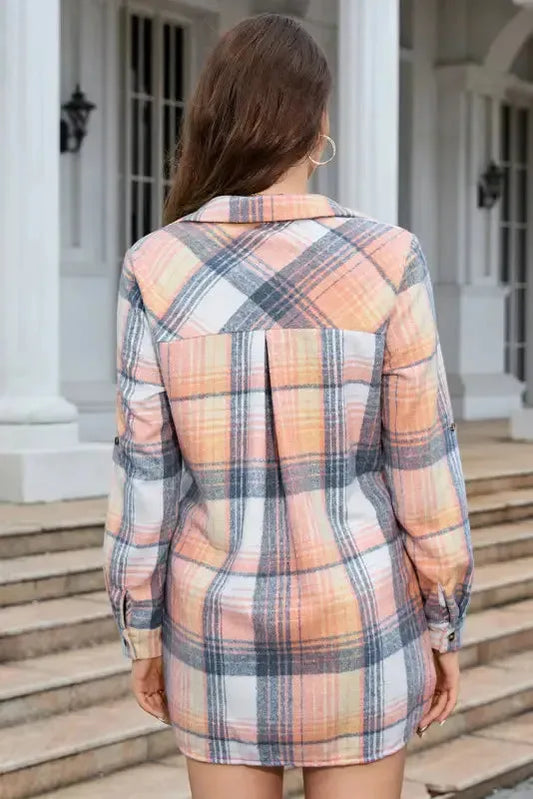 Pink Plaid Roll-tab Sleeve Side Slit Shirt Dress - Fashionfitz