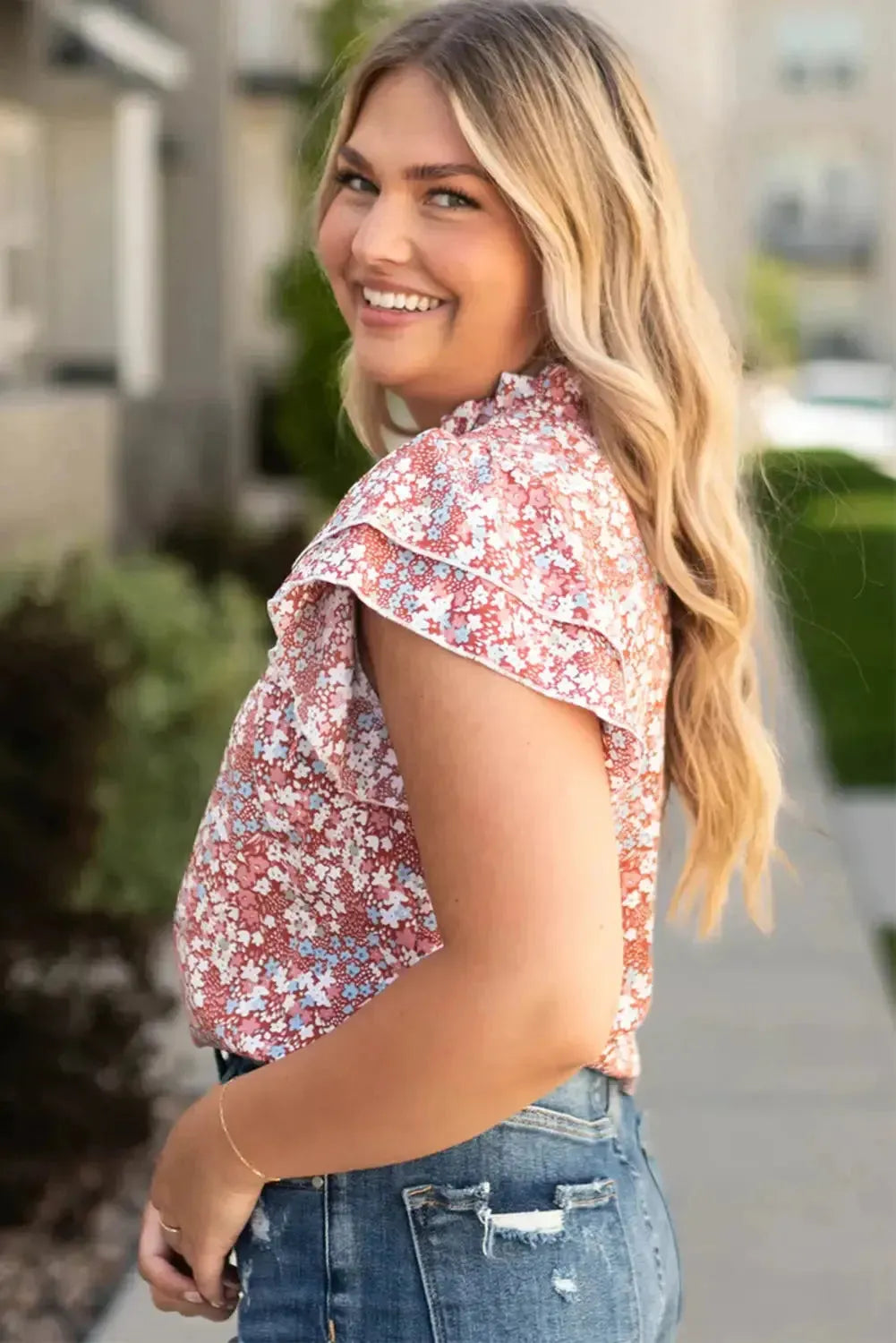 Pink Plus Size Floral Print Ruffled Sleeve Frilled Neck Blouse - Fashionfitz