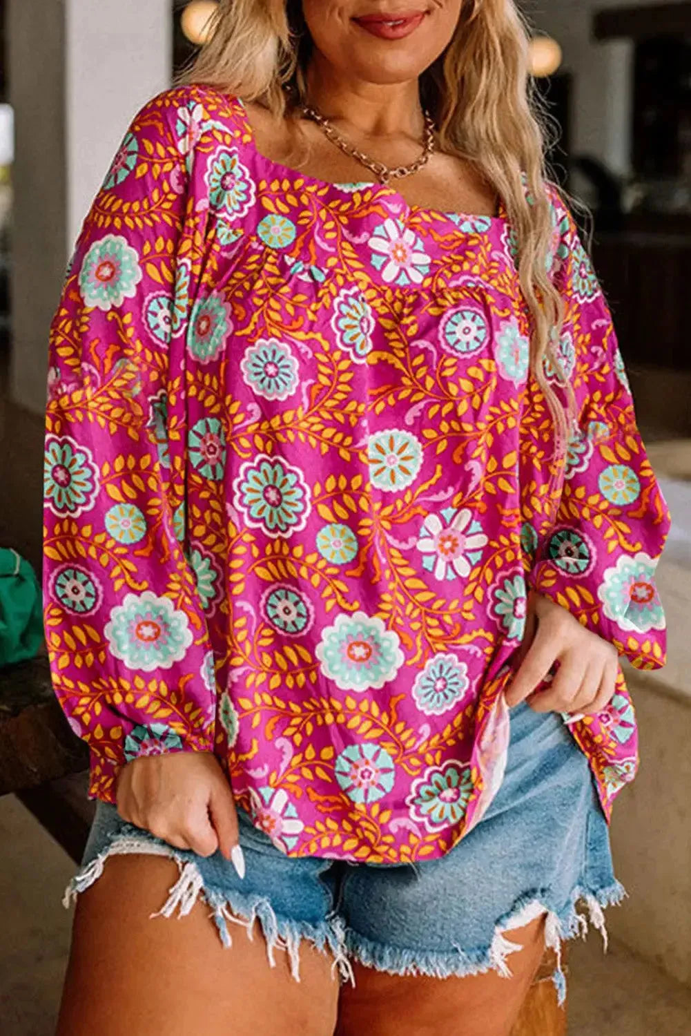 Pink Plus Size Square Neck Floral Blouse - Fashionfitz