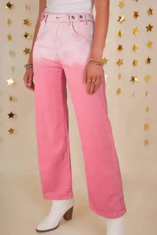Pink Rhinestone Gradient Denim Pants - Fashionfitz