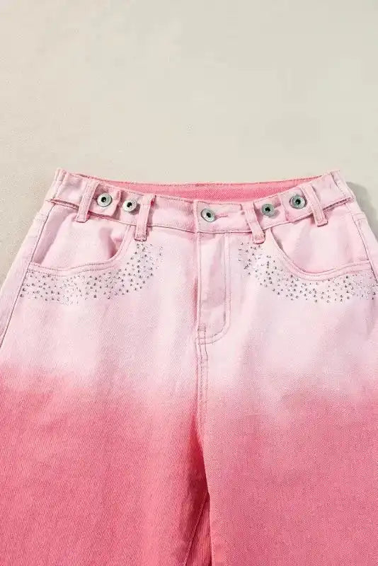 Pink Rhinestone Gradient Denim Pants - Fashionfitz