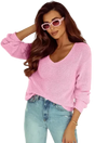 Woman wearing pink ribbed knit V neck sweater front view Fashionfitz UK