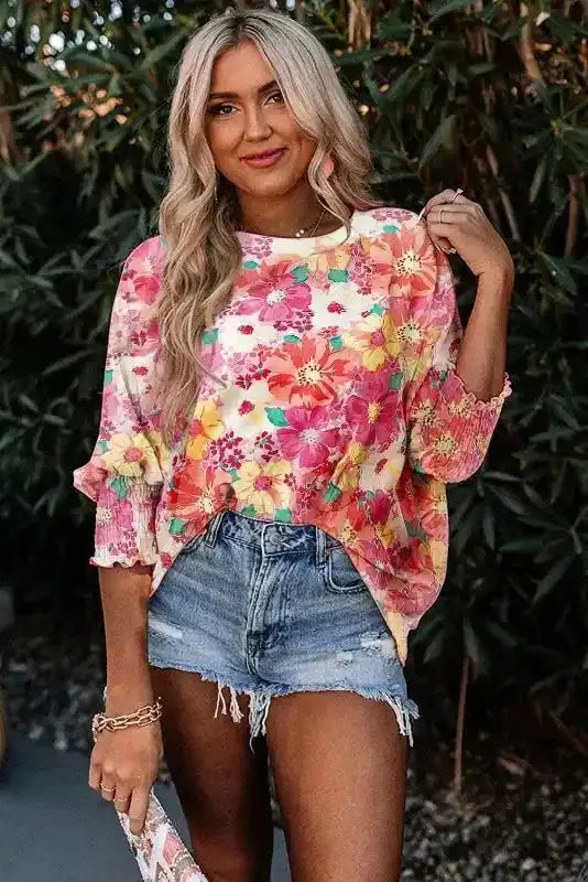 Pink Shirred Cuffs 3/4 Sleeve Floral Blouse - Fashionfitz