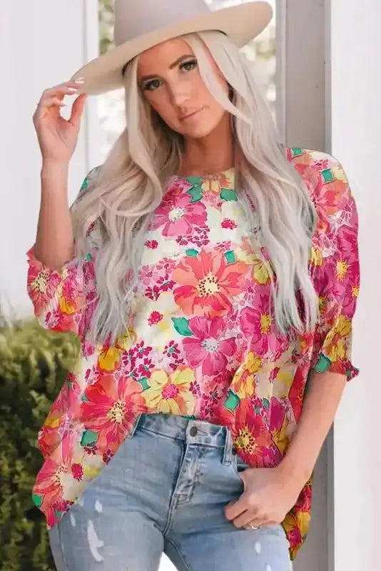 Pink Shirred Cuffs 3/4 Sleeve Floral Blouse - Fashionfitz