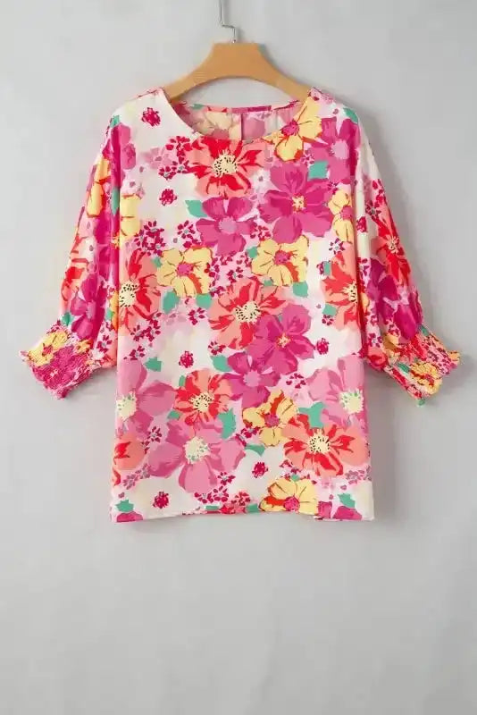 Pink Shirred Cuffs 3/4 Sleeve Floral Blouse - Fashionfitz