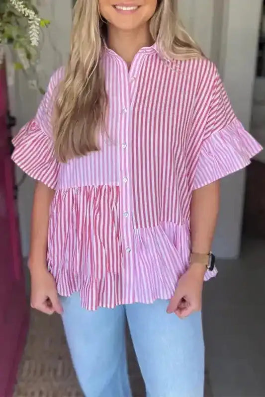 Chic Pink Stripe Ruffled Shirt with patchwork design and button-up front, styled for a casual summer look with light blue jeans.