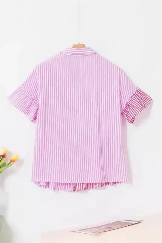 Back view of Chic Pink Stripe Ruffled Shirt highlighting consistent vertical stripe pattern and short ruffle sleeves.