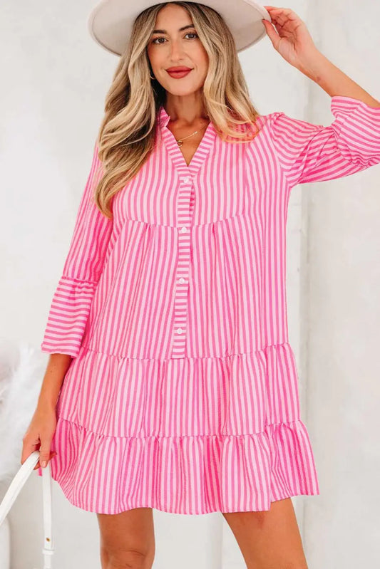 Pink striped tiered flowy mini dress women