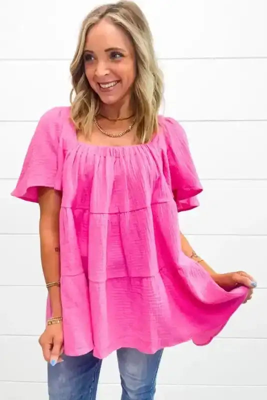 Pink Textured Tiered Flowy Blouse - Fashionfitz