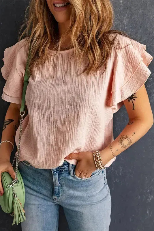 Pink Textured Tiered Ruffled Short Sleeve Blouse - Fashionfitz