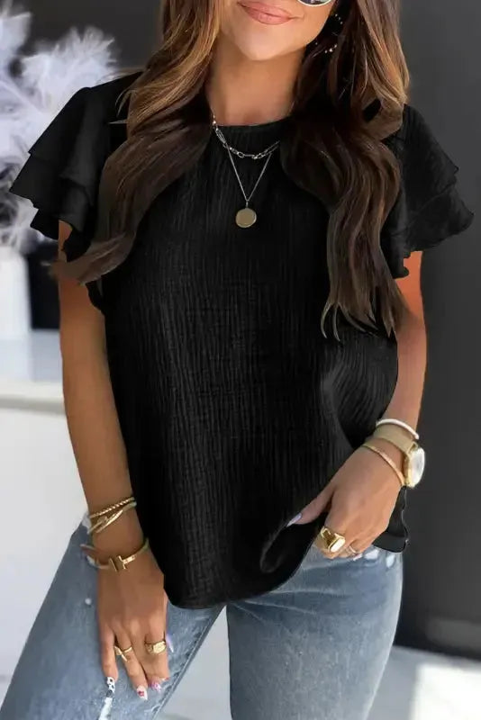 Pink Textured Tiered Ruffled Short Sleeve Blouse - Fashionfitz