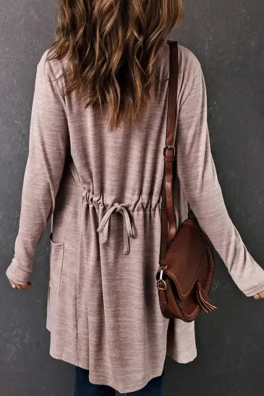 Open front pocketed long cardigan back view showing tunic hem detail — Fashionfitz UK
