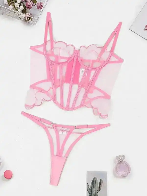 Pink Two-piece Lingerie Set - Mesh - Fashionfitz