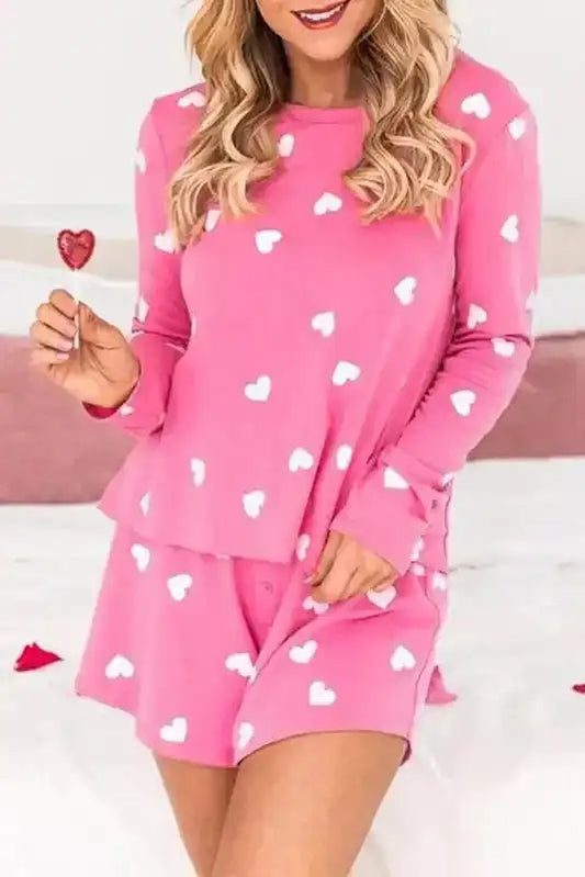 Pink Valentine Lounge Set featuring a long sleeve heart print tee and matching shorts, ideal for cozy Valentine’s Day loungewear.