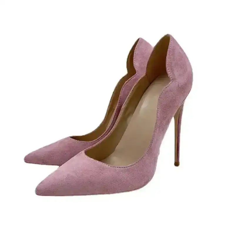 Side angle of Luxury Pumps - Pink Velvet High Heels Stiletto Shoes featuring sleek stiletto heel and soft suede texture. Perfect for fashion-forward looks.
