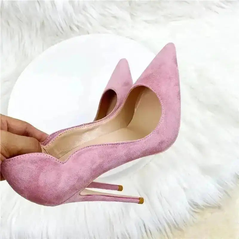 Close-up of Luxury Pumps - Pink Velvet High Heels Stiletto Shoes highlighting suede material and elegant heel curve. Designed for modern elegance.