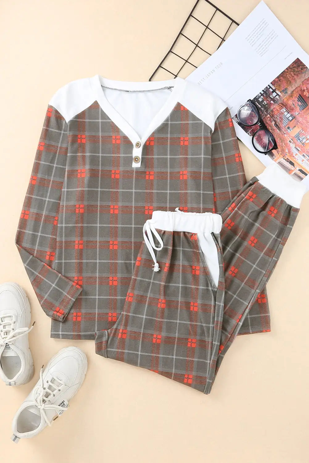 Plaid brushed 2pcs loungewear set