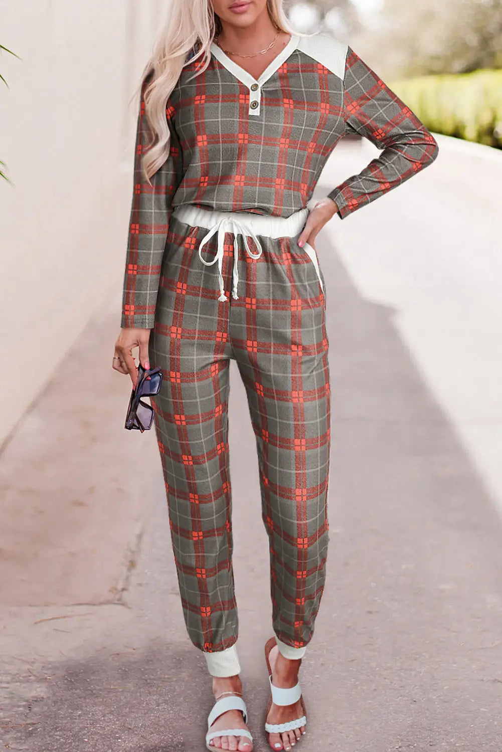 Plaid brushed 2pcs loungewear set - gray / s /