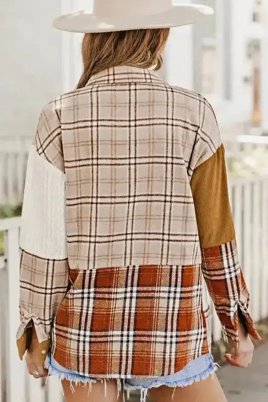 Back view of the FashionFitz Plaid Color Block Patchwork Shacket showing mixed plaid and corduroy textures in fall tones.