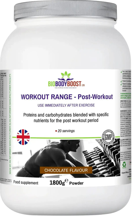 BioBodyBoost Post-Workout Drink Mix Chocolate 1800g — protein, carbs and amino acids recovery shake, UK