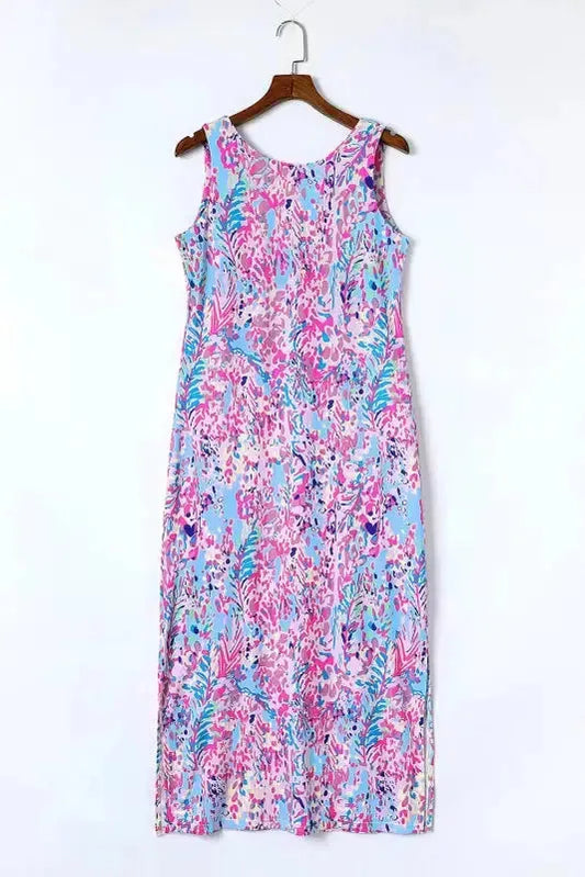 Purple Abstract Floral Print Sleeveless Maxi Dress - Fashionfitz