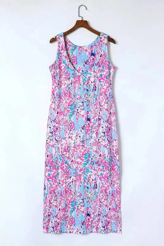 Purple Abstract Floral Print Sleeveless Maxi Dress - Fashionfitz