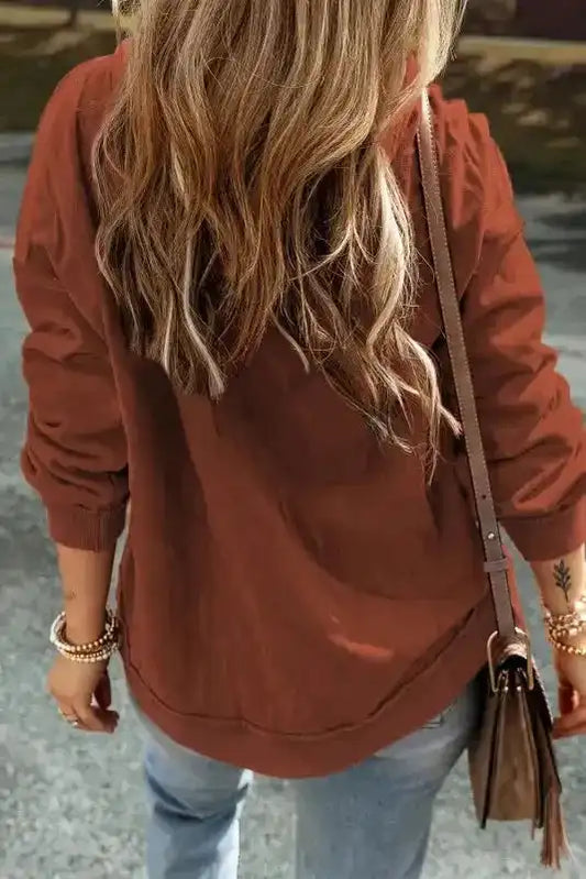 Back view of Chestnut Quilted Patchwork Hoodie showing exposed seam details and loose fit, ideal for fall casual outfits.