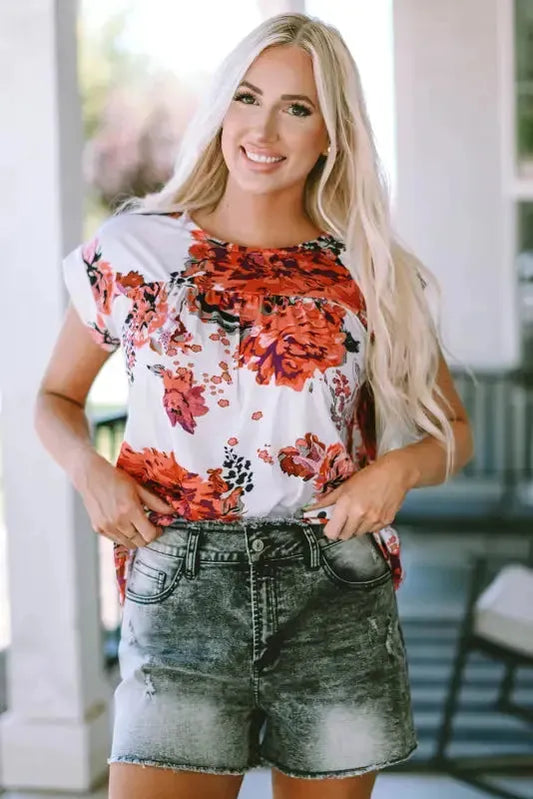 Red Floral Short Sleeve Round Neck Blouse - Fashionfitz