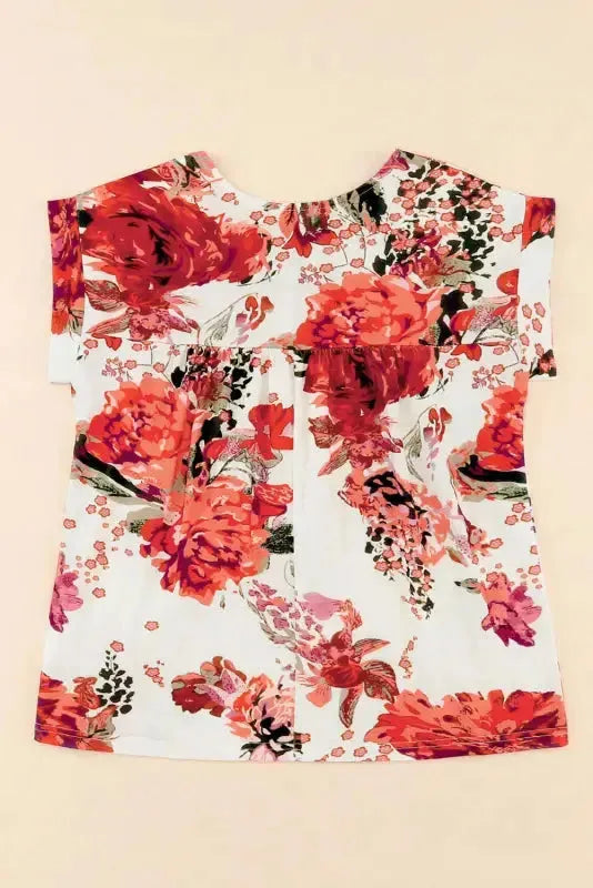 Red Floral Short Sleeve Round Neck Blouse - Fashionfitz