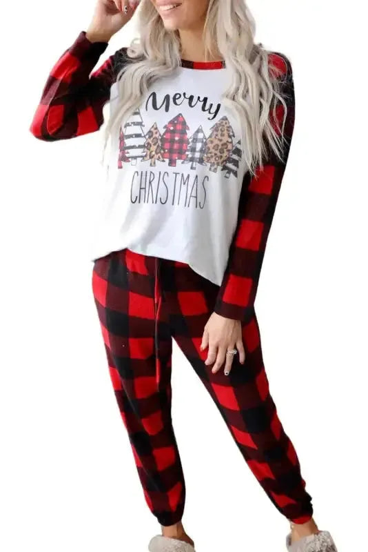 Red plaid merry christmas graphic loungewear set