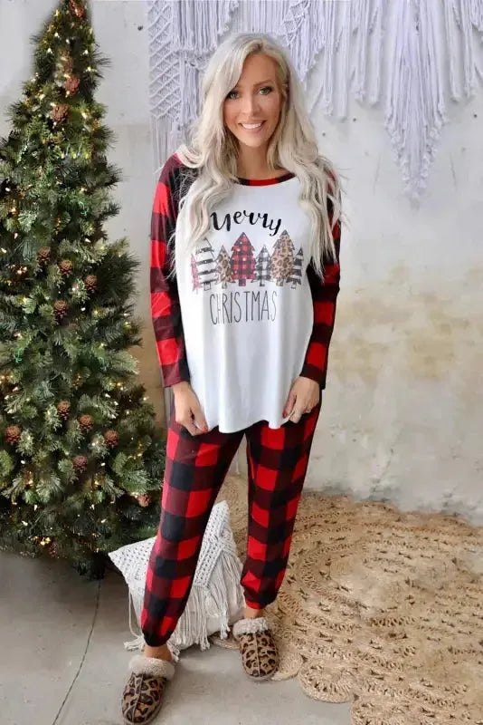 Red plaid merry christmas graphic loungewear set