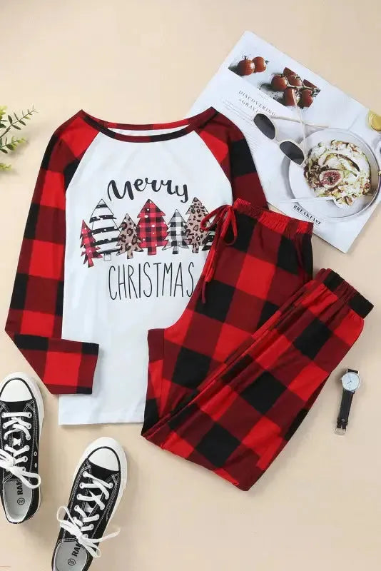 Red plaid merry christmas graphic loungewear set