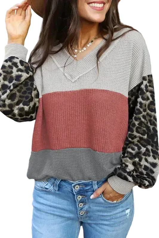 Red Wild Leopard Contrast Sleeve Colorblock Waffle Knit Top - Fashionfitz