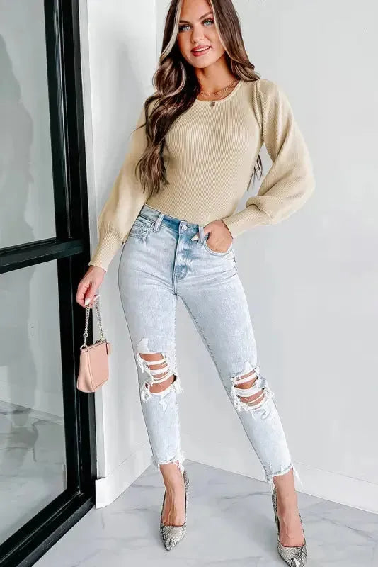 Ribbed Balloon Sleeve Bodysuit - Fashionfitz