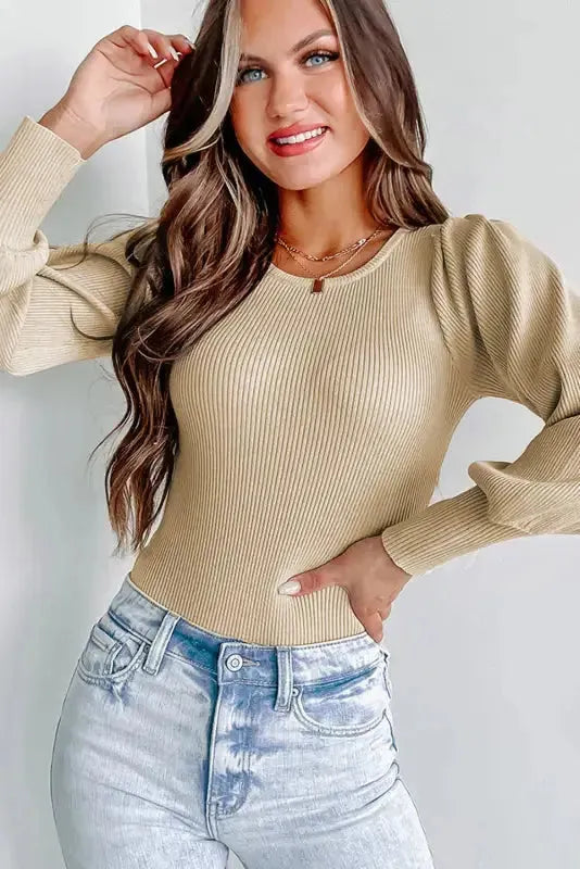Ribbed Balloon Sleeve Bodysuit - Fashionfitz